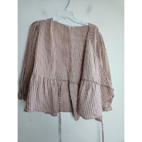 Madewell Dusty Pink w/Grey Stripes Cotton Tie Wrap Blouse size Large - Picture 4 of 6